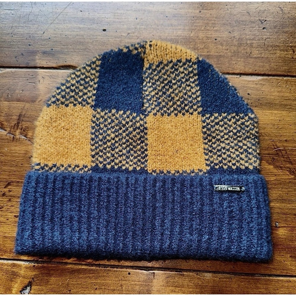 Beanie Steve Madden Navy Blue Mustard Buffalo Plaid Cuffed Knit Hat Unisex EUC - Picture 5 of 5
